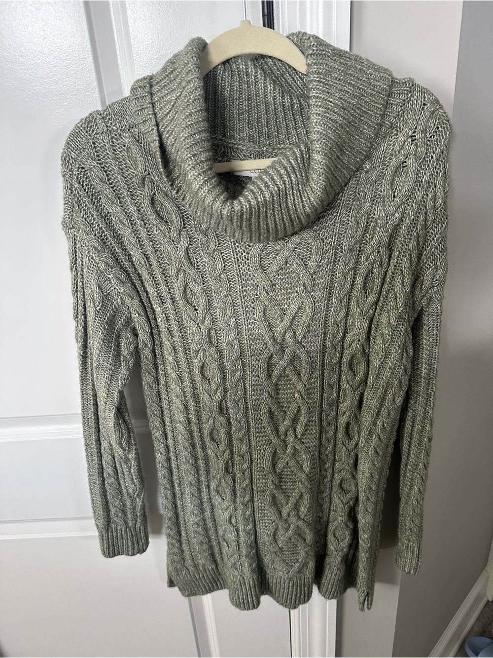 LOFT Sage Green Cable Knit Cowl Sweater
